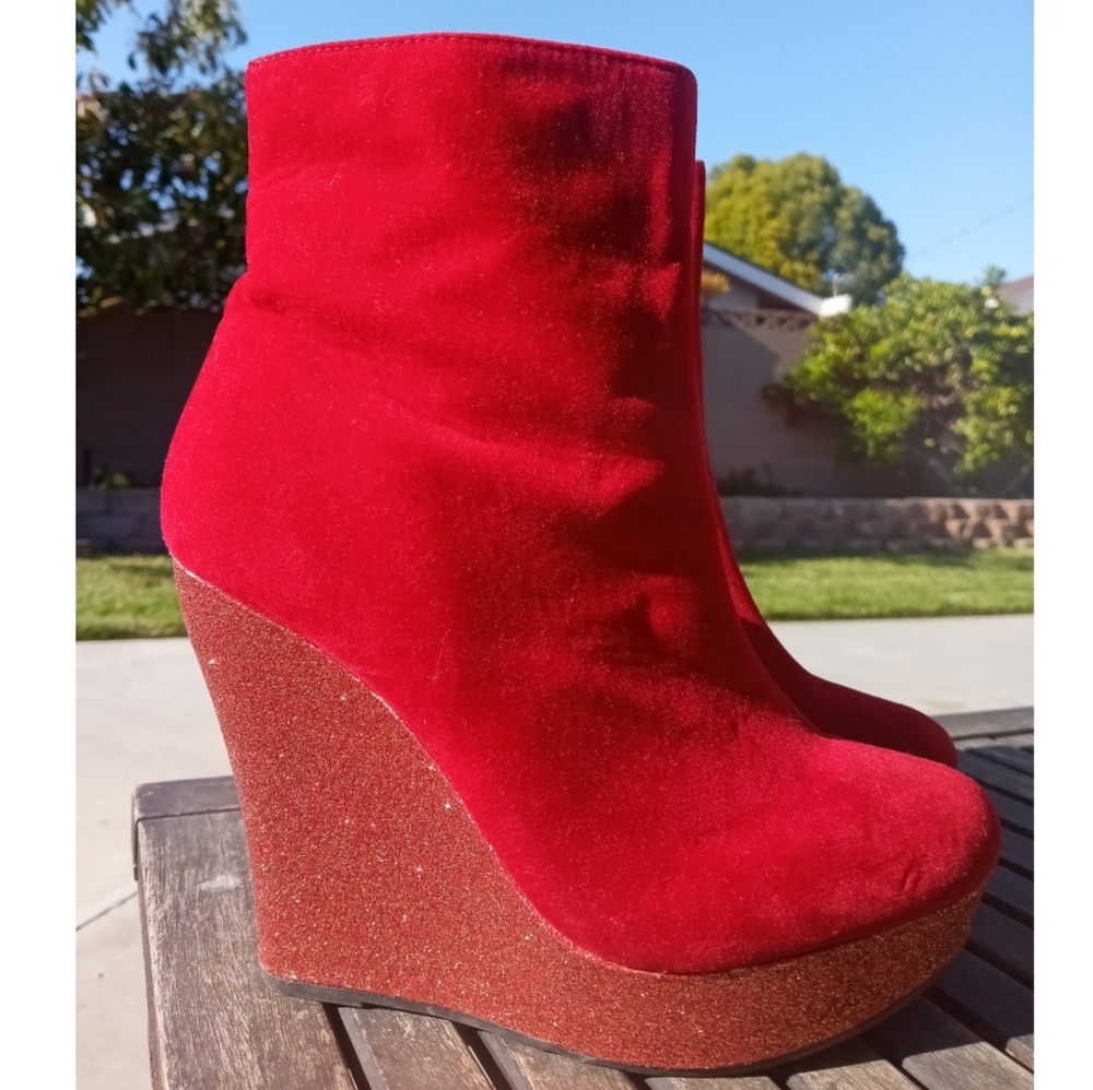 Red Suede Platform Glitter Wedges